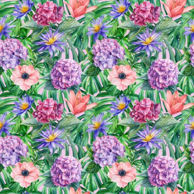  Botanik desen. Elle çizilmiş suluboya desenli çiçekler. Ortanca, zambak, şakayık ve düğün çiçekleri