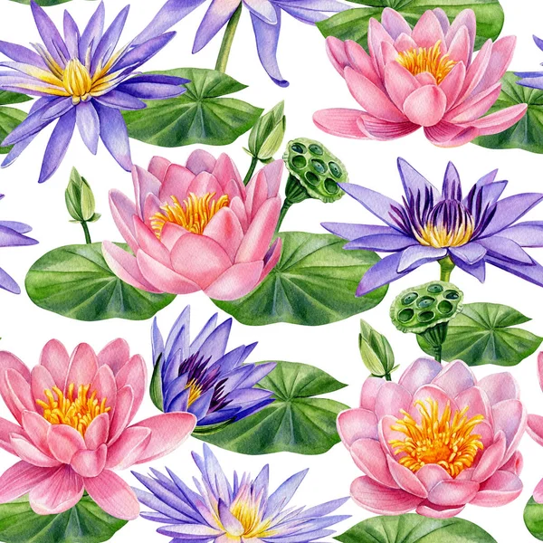 Modèle botanique. Aquarelle dessinée à la main motif sans couture avec des fleurs de lotus — Photo
