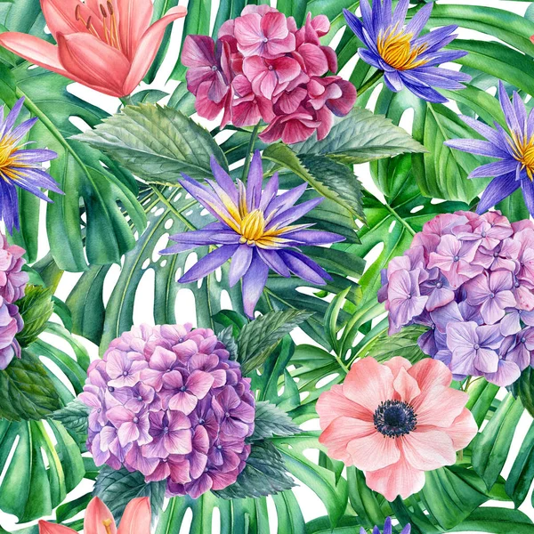 Botaniskt mönster. Handritat akvarell sömlöst mönster med blommor. Hydrangea, lilja, anemon och smörmuggar — Stockfoto