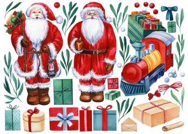 Hediyeler, tren, ökseotu, yay. Suluboya resimli Noel Baba 'nın Noel Baba' sı.