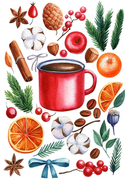 Téli tételek kényelem, csésze, fahéj, evező és rózsa csípő, ánizs, kávé, narancs. Akvarell illusztráció — Stock Fotó