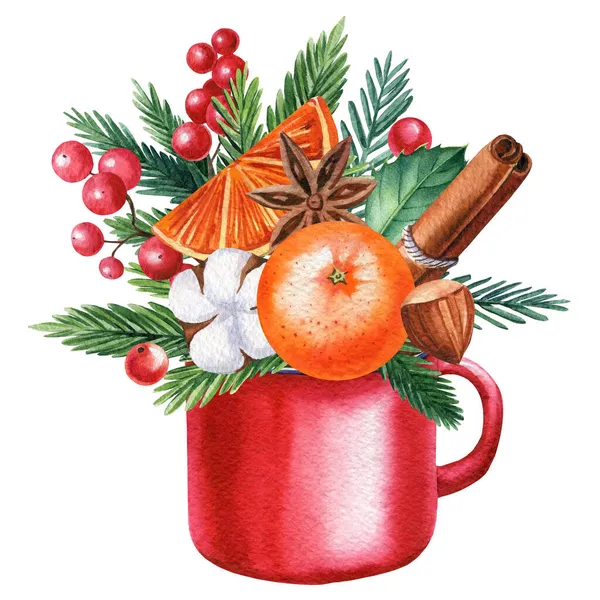 Composición con taza roja, ilustración de mandarina y canela, pintura acuarela dibujada a mano — Foto de Stock