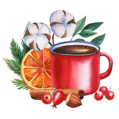 Kırmızı kupa, turuncu ve tarçın resimli kompozisyon, elle çizilmiş suluboya resim, tatil kartı