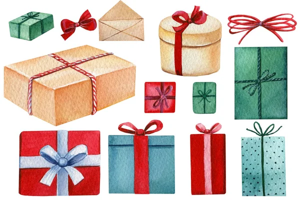 Conjunto de presentes doodle para o dia de Natal com ilustração aquarela — Fotografia de Stock