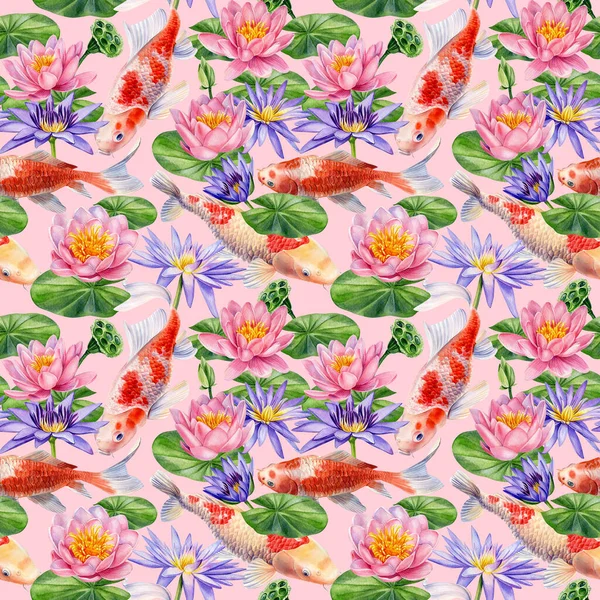 Koi fisk och lotusblommor, handritad akvarellmålning, sömlöst mönsterpapper — Stockfoto