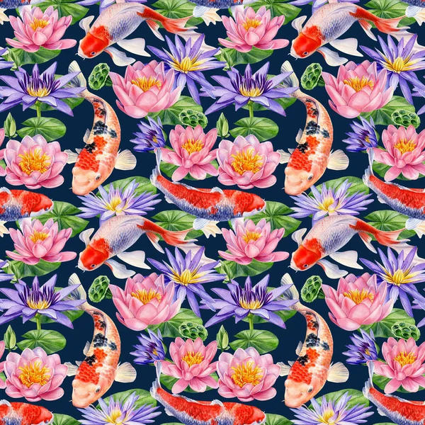Poisson koï et fleurs de lotus, peinture à l'aquarelle dessinée à la main, papier motif sans couture — Photo