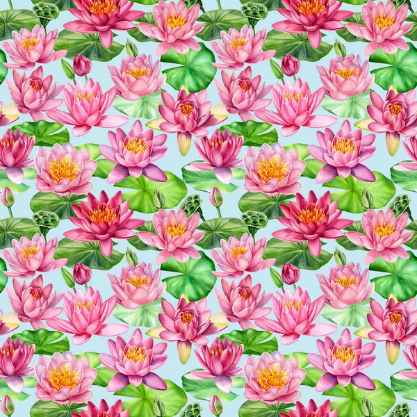 Lotus, mooie bloemen, met de hand getekende aquarelverf, naadloos patroon — Stockfoto