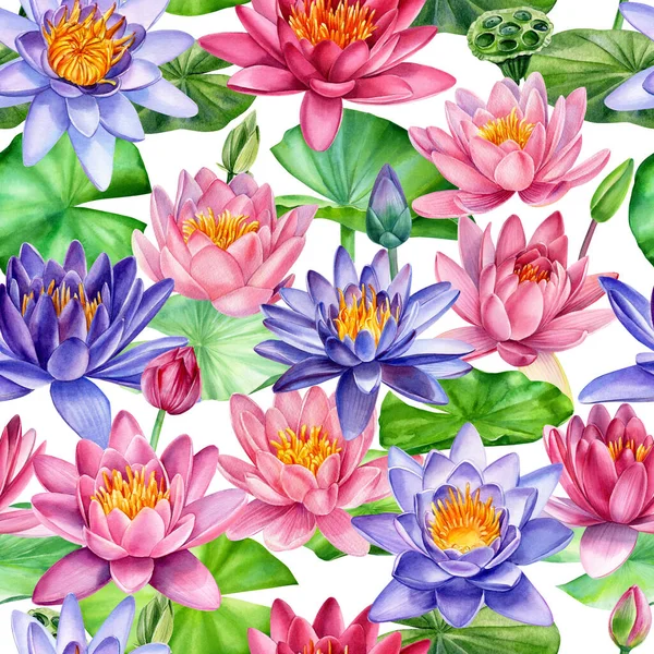 Kwiaty lotosu, ręcznie malowane akwarele, bez szwu, zaproszenie, opakowanie i szablon tła. — Zdjęcie stockowe