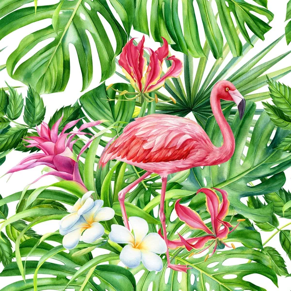 분홍 플라밍고, 열 대 조류. 단풍 잎 과꽃으로 이루어진 열 대의 바다없는 무늬, 수채화. — 스톡 사진
