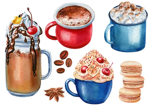 Set Tassen Kaffee, Kakao, Dessert und Süßigkeiten, Makronen-Aquarell-Zeichnung — Stockfoto