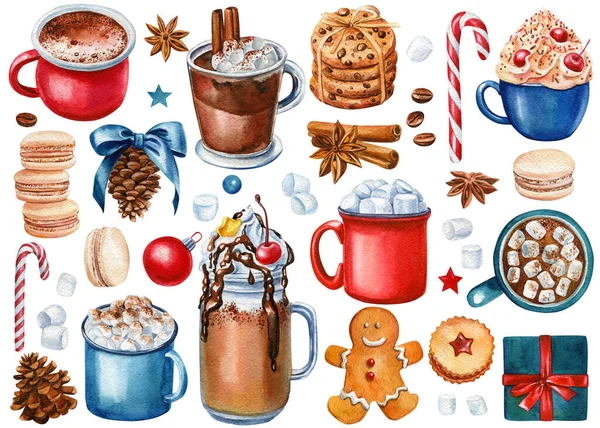 Définir les éléments d'aquarelle. Coupe cacao et bonbons, biscuits, macaron, guimauve, cannelle, anis et grains de café. — Photo