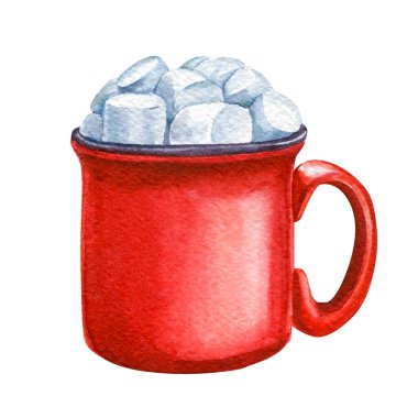 Kırmızı Kupa, kakao ve marshmallow, suluboya çizim