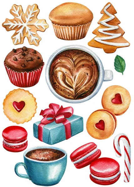 Weihnachtsplätzchen, Cupcake, Lutscher, Makronen und Tasse Kaffee Aquarellzeichnung, weißer Hintergrund. Essen im Vintage-Stil — Stockfoto