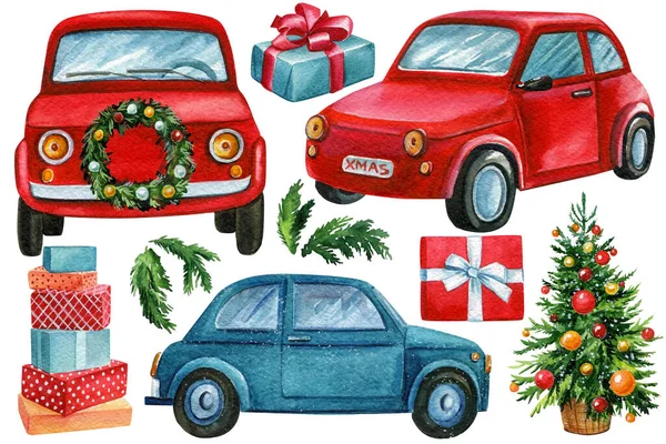 Állítsd be a karácsonyi elemeket. Karácsonyfa, autó és ajándékok akvarell kéz rajz egy fehér háttér. — Stock Fotó