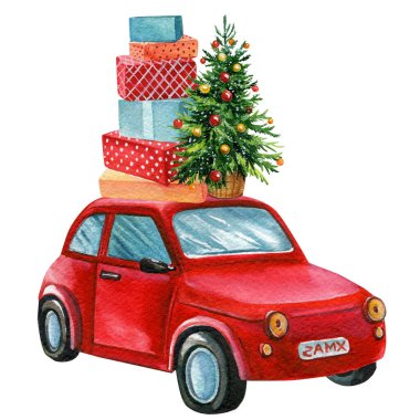 Noel ağacı, kırmızı araba ve beyaz arka plana suluboya el çizimi hediye ediyor. Tebrik kartı xmas