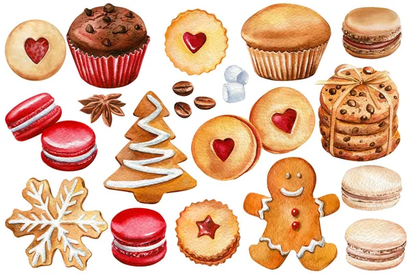 Set biscuits de Noël, cupcake, macaron, guimauve, bonbons aquarelle peinture sur un fond blanc — Photo