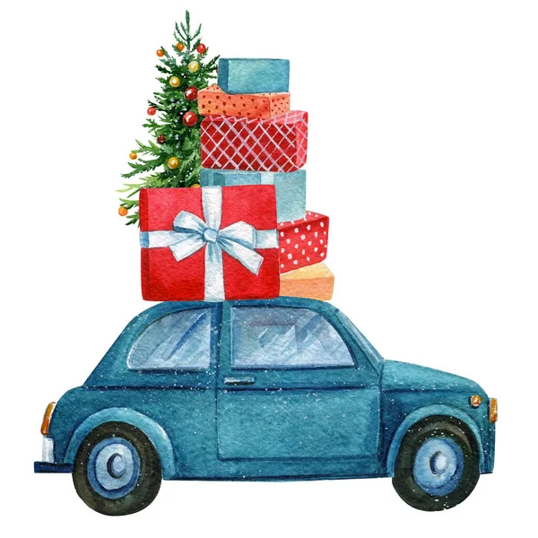 Ευχετήρια κάρτα. Χριστουγεννιάτικο δέντρο, αυτοκίνητο και δώρα ακουαρέλα χέρι σχέδιο σε λευκό φόντο. Εκλεκτής ποιότητας — Φωτογραφία Αρχείου