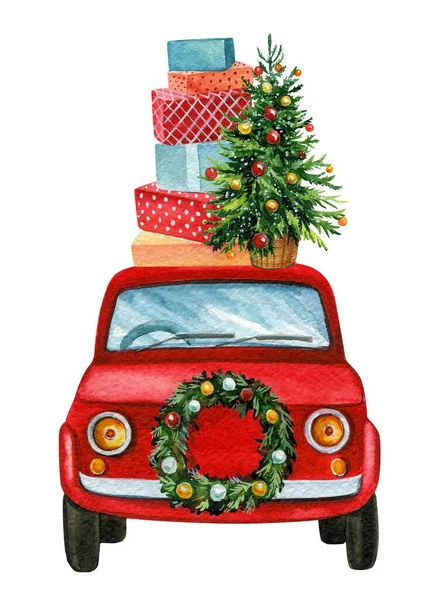 Noel ağacı, kırmızı araba ve beyaz arka plana suluboya el çizimi hediye ediyor. Tebrik kartı xmas