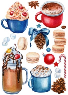 Bir fincan kahve, kakao, tatlı ve tatlı seti, badem kurabiyesi çizimi.