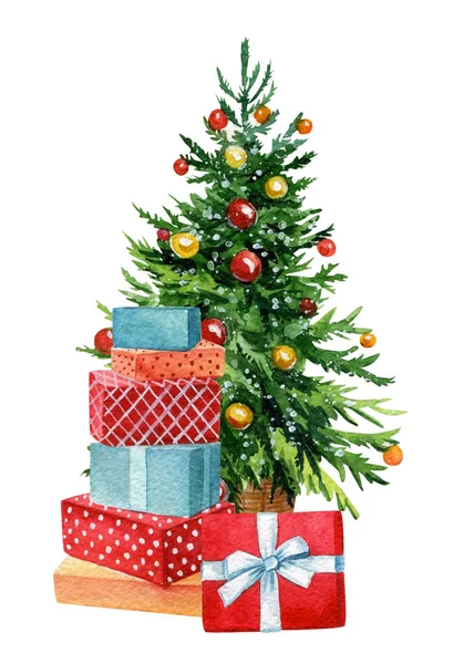 Árbol de Navidad y regalos acuarela dibujo a mano sobre un fondo blanco. Estilo vintage —  Fotos de Stock