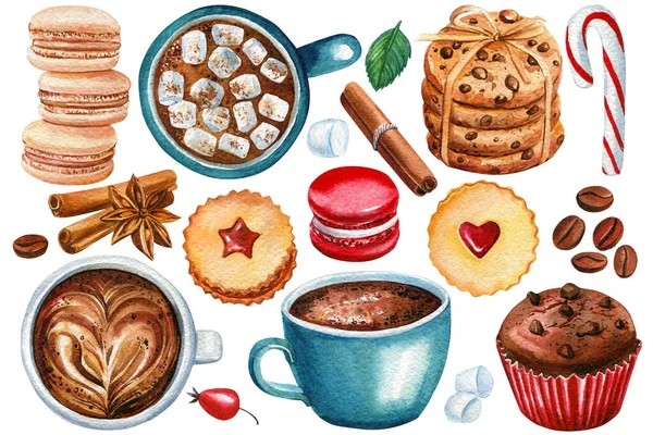 Noel kurabiyeleri, kek, lolipop, badem kurabiyesi ve fincan kahveli suluboya resim, beyaz arka plan..