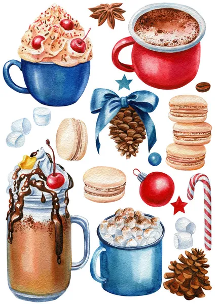 Bir fincan kahve, kakao, tatlı ve tatlı seti, badem kurabiyesi çizimi.