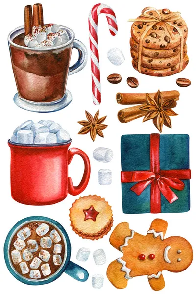 Christmas cookies with chocolate, lollipop, macaroon and cup cocoa watercolor drawing, white background. Vintage style