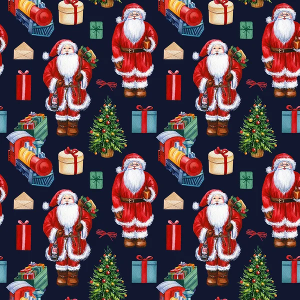 Święty Mikołaj, pociąg i prezenty, zimowe wakacje bezproblemowy wzór, tło Boże Narodzenie, papier cyfrowy — Zdjęcie stockowe