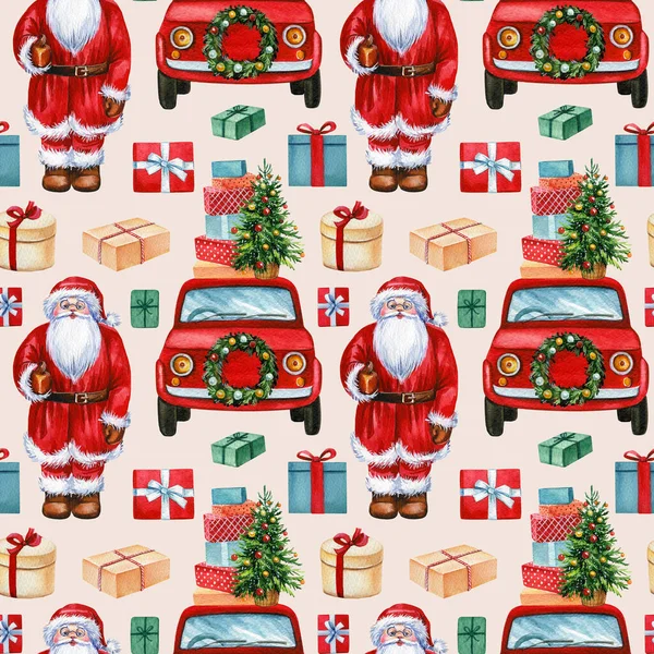 Święty Mikołaj, Samochody i prezenty, zimowe wakacje bez szwu wzór, tło Boże Narodzenie, papier cyfrowy — Zdjęcie stockowe