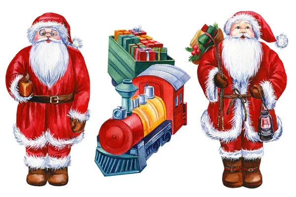 Санта-Клаус и поезд, зимние праздники, Рождественская акварель — стоковое фото