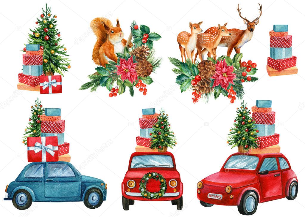 Christmas tree, Deer, squirrel, new year Car and gifts, winter holidays illustration
