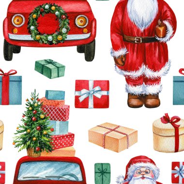 Noel Baba, arabalar ve hediyeler, kış tatilleri, kusursuz şablon, Noel arkaplan, dijital kağıt.