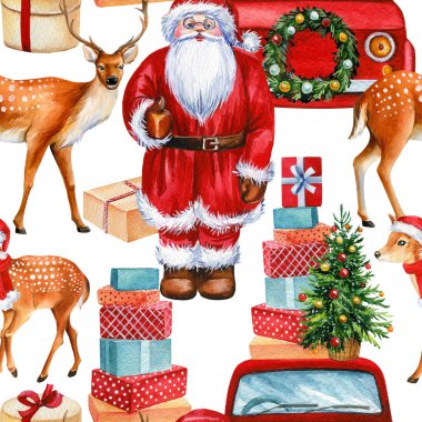 Geyik, Noel Baba, Arabalar ve Hediyeler, Kış tatili kusursuz desen, Noel arkaplan, dijital kağıt