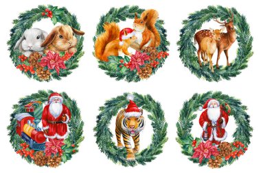 Noel Baba ve hediyeler, kış tatili çelenkleri, Noel suluboya resimleri.