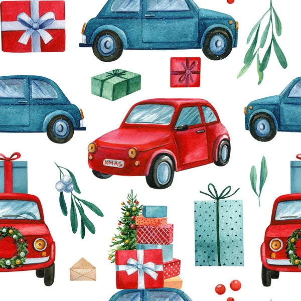 Auto 's, geschenken en maretak, wintervakanties naadloos patroon, Kerst achtergrond, digitaal papier. — Stockfoto