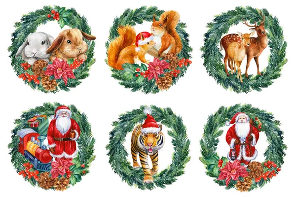 Père Noël et cadeaux, couronnes de vacances d'hiver, illustration aquarelle de Noël — Photo