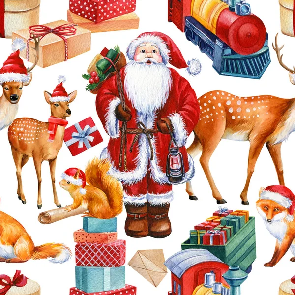 Jeleń, Święty Mikołaj, Samochody i prezenty, ferie zimowe bezproblemowy wzór, tło Boże Narodzenie, papier cyfrowy — Zdjęcie stockowe