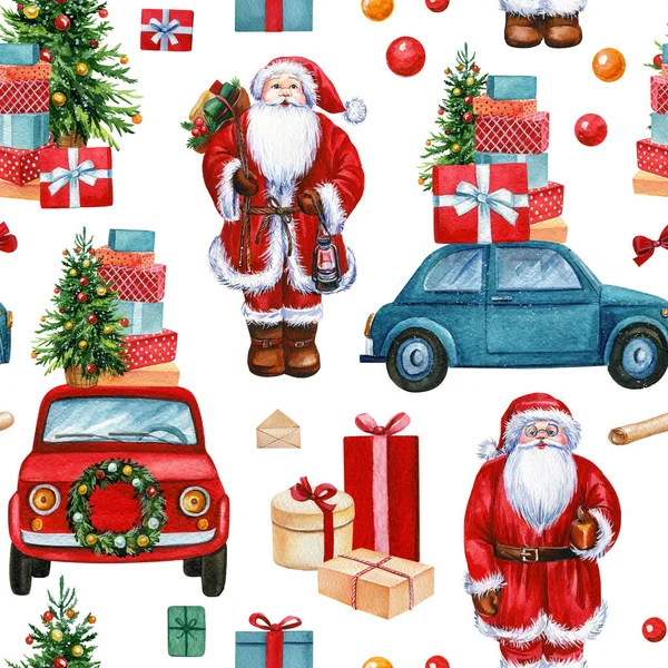 Noel Baba, arabalar ve hediyeler, kış tatilleri, kusursuz şablon, Noel arkaplan, dijital kağıt.