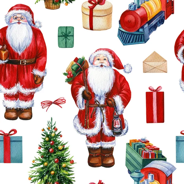Санта-Клаус, поезд и подарки, зимние праздники бесшовный узор, рождественский фон, цифровая бумага — стоковое фото