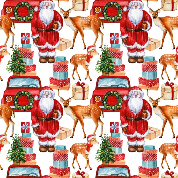 Cervo, Babbo Natale, Automobili e regali, vacanze invernali modello senza soluzione di continuità, sfondo di Natale, carta digitale — Foto Stock