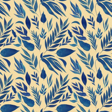 Sarı zemin üzerinde kusursuz mavi tropikal yapraklar, suluboya resimleme, orman tasarımı