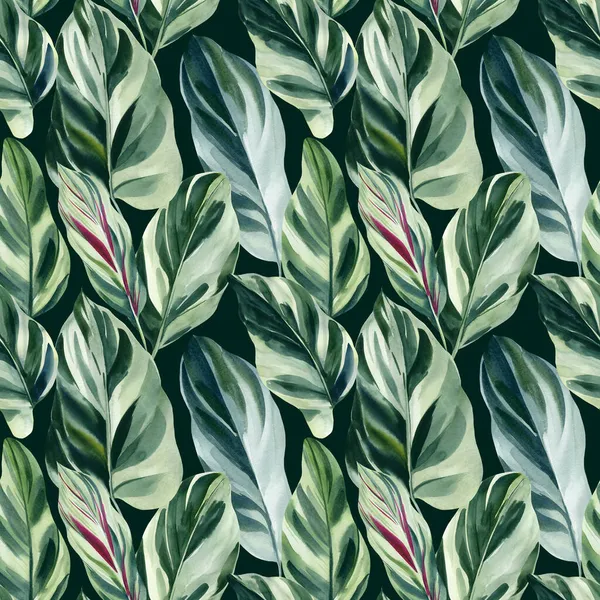 Modello senza cuciture di foglie tropicali verdi, illustrazione ad acquerello, disegno della giungla — Foto Stock