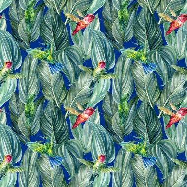 Tropik, pürüzsüz palmiye yaprakları, suluboya çizimleri, sinekkuşu kuşları.