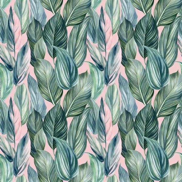 花熱帯ヤシの葉のシームレスなパターン、水彩画のイラスト、ジャングルのデザイン。ピンクの背景 — ストック写真