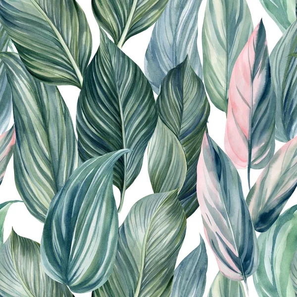 Virágos trópusi zökkenőmentes minta pálmalevelek, akvarell illusztráció, dzsungel design — Stock Fotó