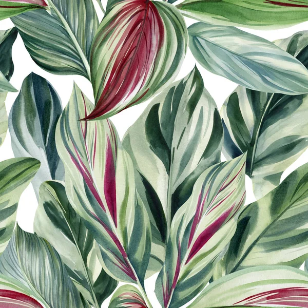 Patrón sin costuras de hojas tropicales verdes, ilustración de acuarela, diseño de la selva — Foto de Stock