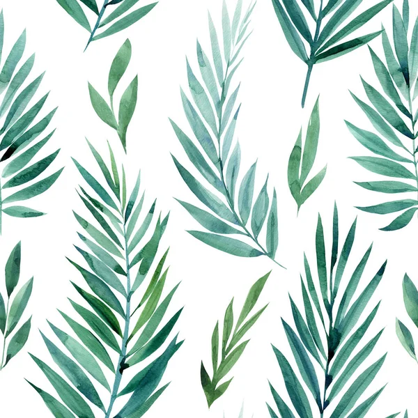 Płynny wzór zielonych liści tropikalnych, ilustracja akwarela, projekt dżungli — Zdjęcie stockowe