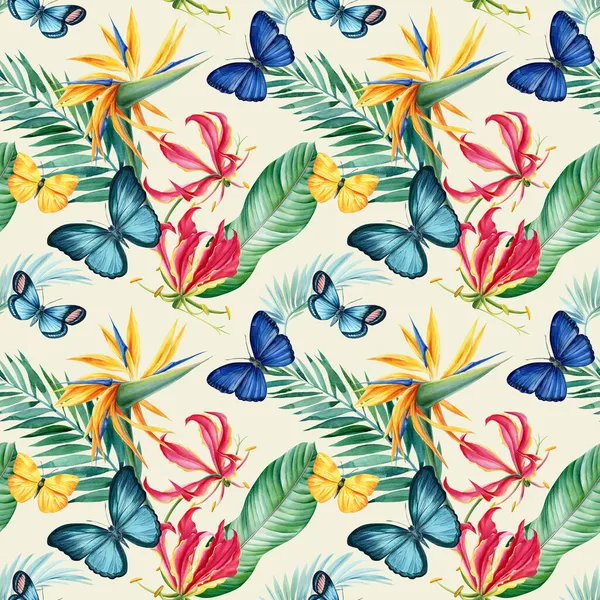 Flores tropicais, folhas de palmeira e borboletas. padrão sem costura, design floral aquarela — Fotografia de Stock