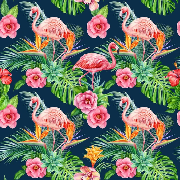 Akvarell tropiska blommor, blad och flamingos. Exotisk flora, blommigt sömlöst mönster, digitalt papper — Stockfoto