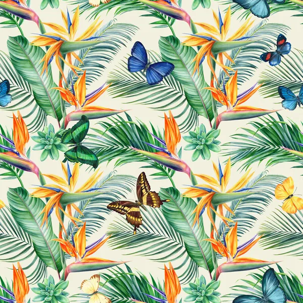 Flores tropicales, hojas y mariposas. Plantas exóticas modernas patrón sin costura, ilustración de acuarela, papel digital —  Fotos de Stock